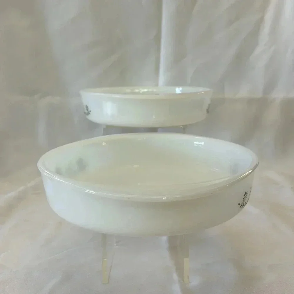 2 - Glasbake 1970s Round 8in Casserole Dishes Green Daisy Milk Glass MCM Kitchen